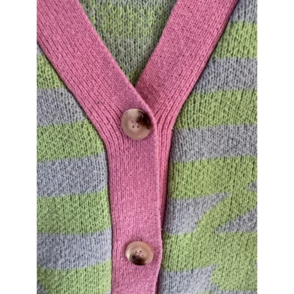 Listicle Dopamine Cardigan S Green Blue Checker Pink Trim Chunky Knit - Picture 5 of 8